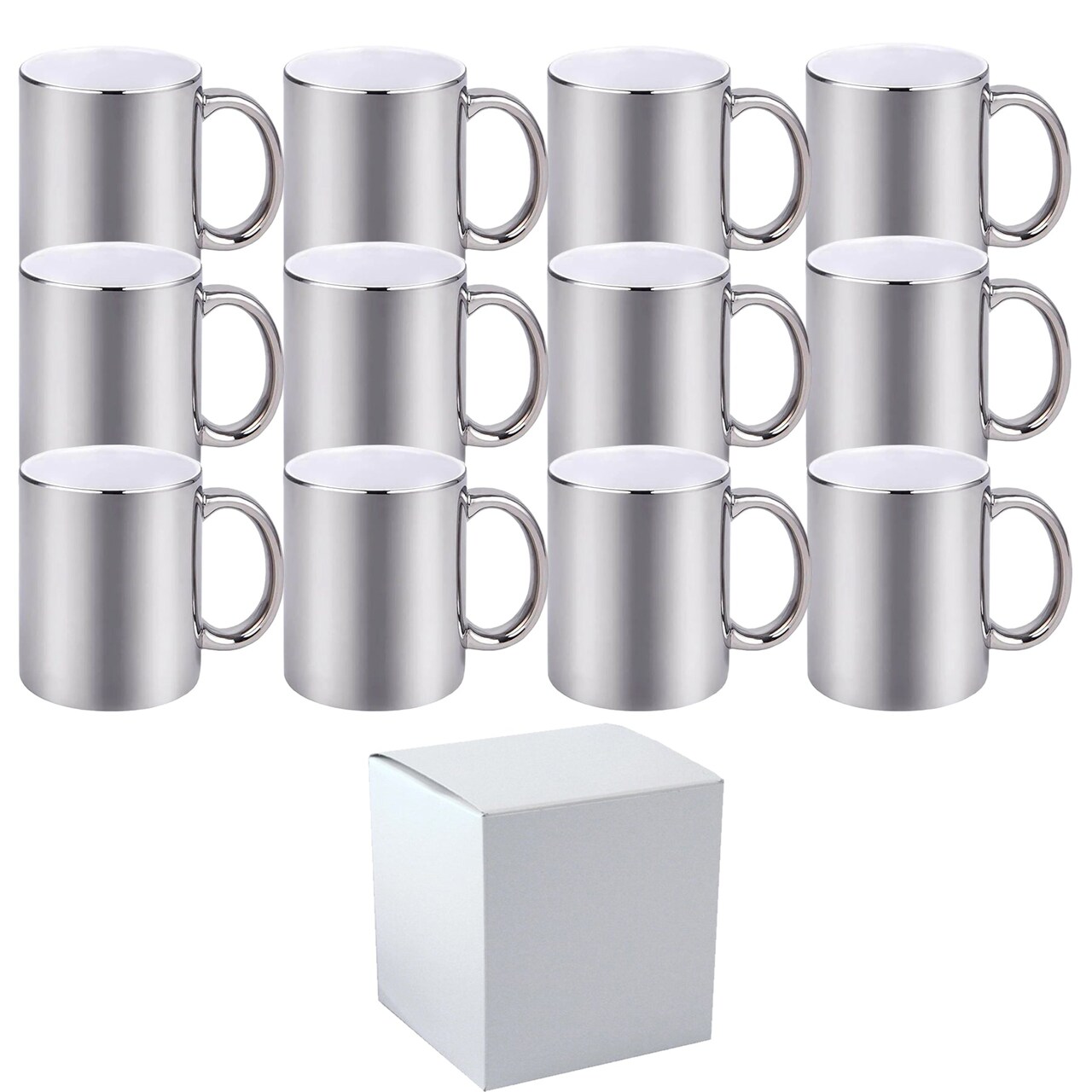 12 PACK 11 oz. METALLIC SILVER outer & Handle- Ceramic Sublimation Mugs - Professional Grade - With Individual White Gift Boxes